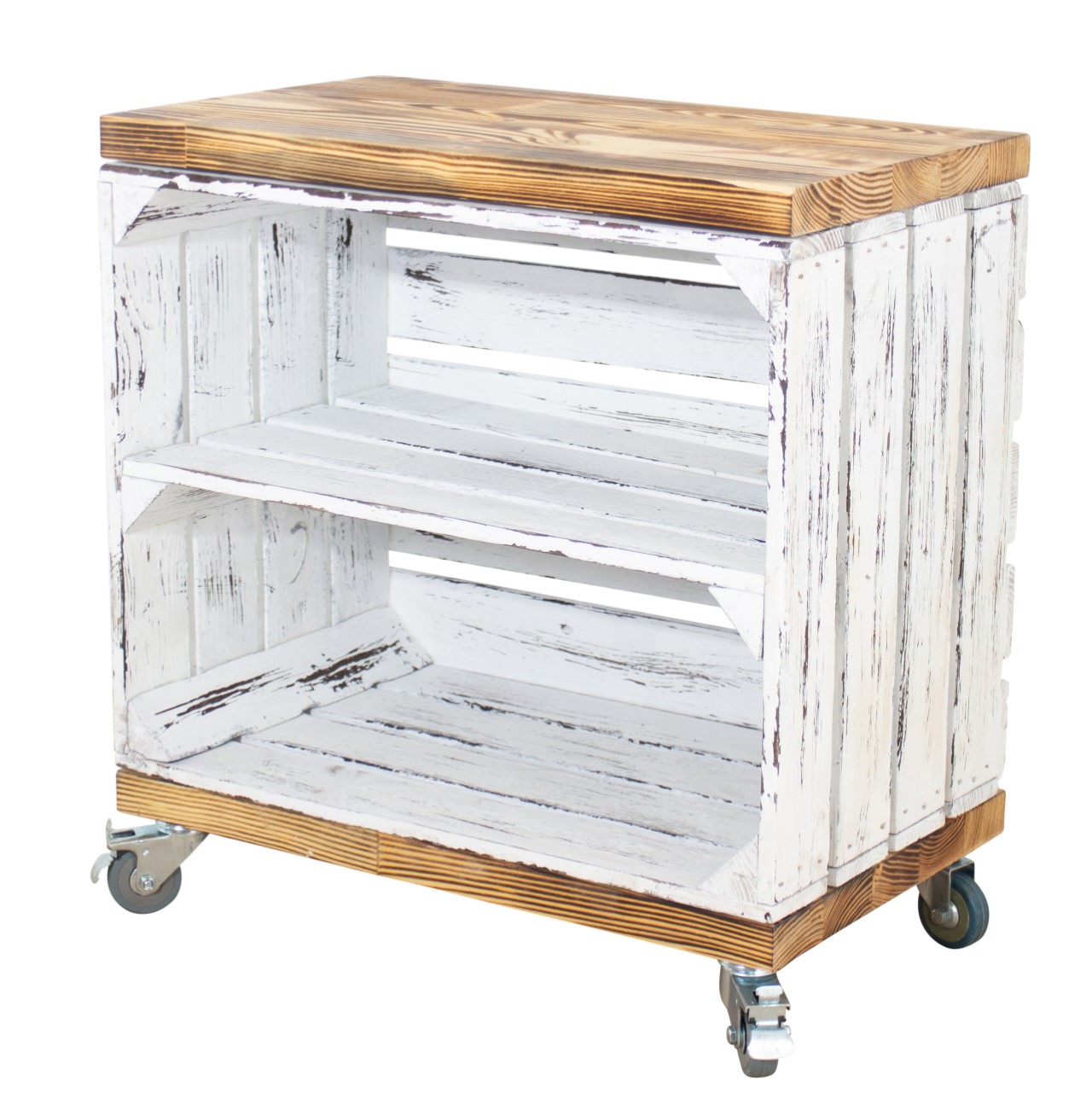 Rollkiste aus einer shabby weißen Obstkiste mit 2 geflammten Mittelbrettern auf Rollen, 53x50x30cm Rollkiste aus einer shabby weißen Obstkiste mit 2 geflammten Mittelbrettern auf Rollen, 53x50x30cm