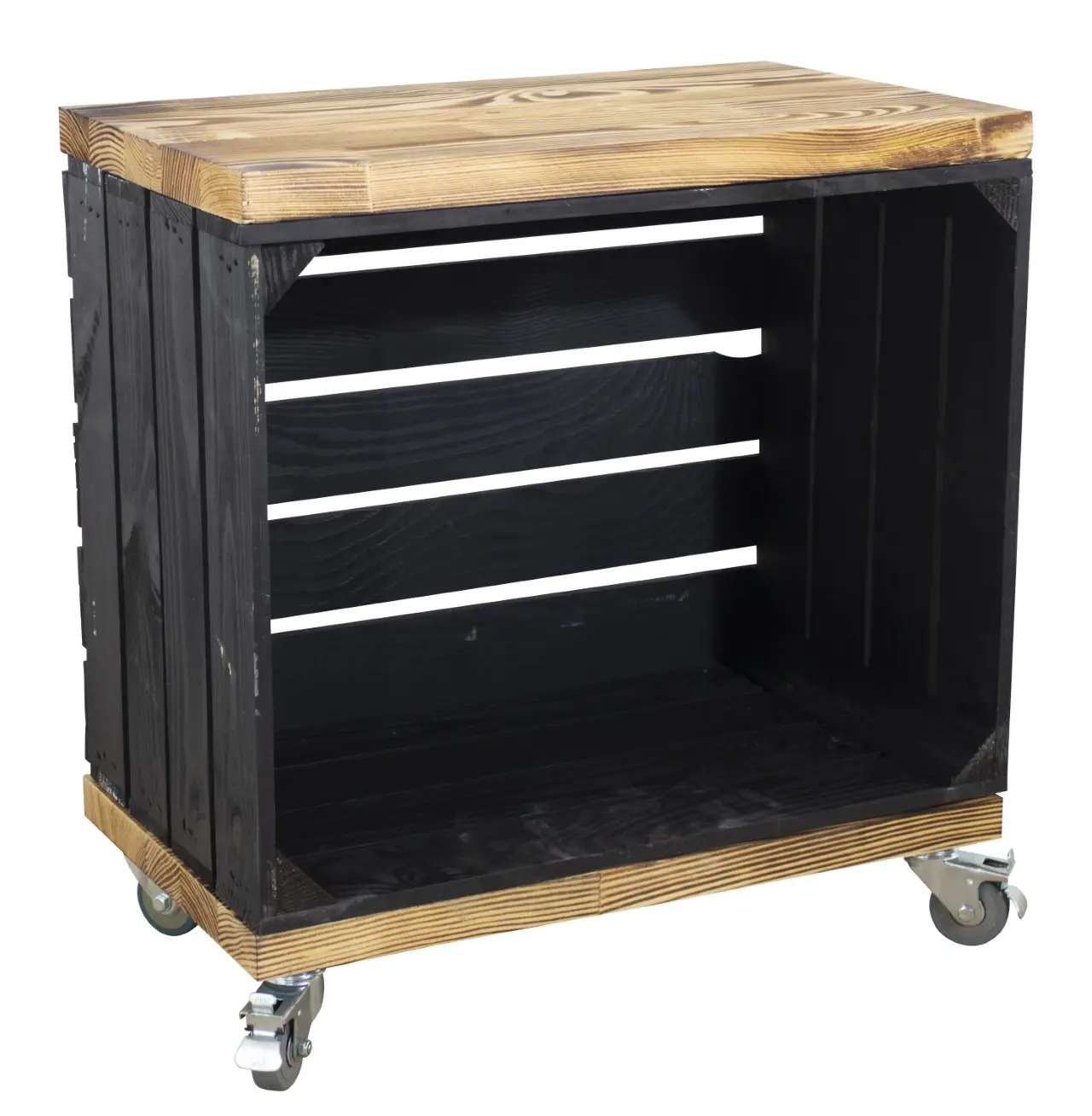 Beistelltisch aus einer schwarzen Obstkiste mit 2 geflammten Bohlenbrettern auf Rollen 53x50x30cm Beistelltisch aus einer schwarzen Obstkiste mit 2 geflammten Bohlenbrettern auf Rollen 53x50x30cm