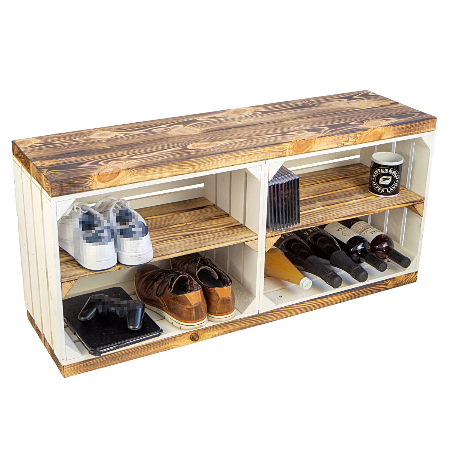 Weißer TV Schrank mit dicken Planken & Mittelbrett Geflammt Weißer TV Schrank mit dicken Planken & Mittelbrett Geflammt