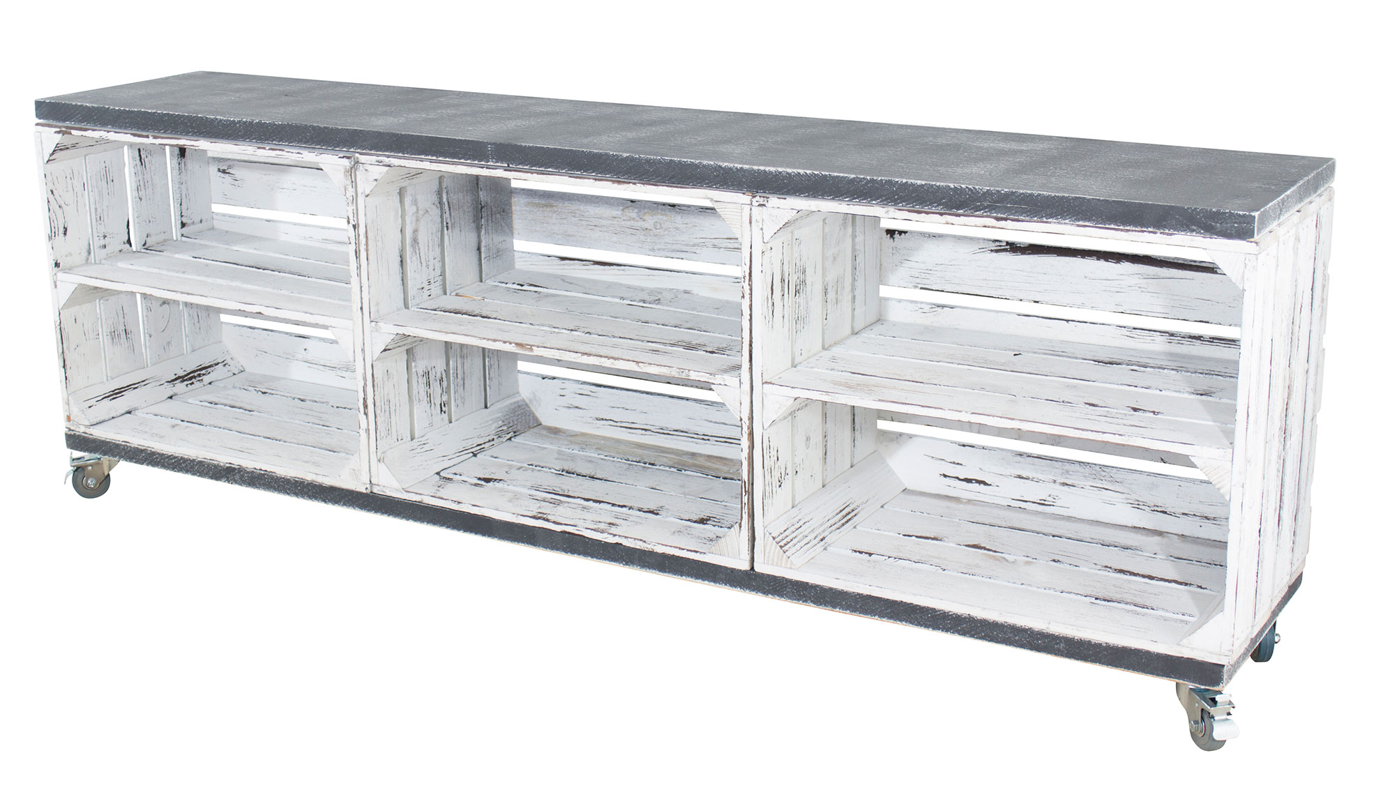 TV Schrank aus 3 Kisten in shabby weiß mit 2 Bohlenbrettern in shabby schwarz auf Rollen, 150x53x30 TV Schrank aus 3 Kisten in shabby weiß mit 2 Bohlenbrettern in shabby schwarz auf Rollen, 150x53x30