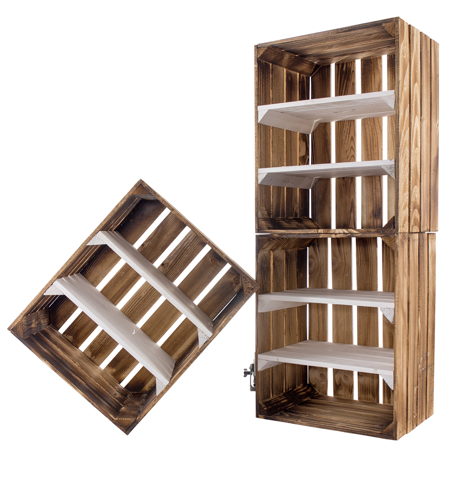 Geflammte Holzkiste mit 2 weißen Mittelbrettern -quer- 50x40x30cm