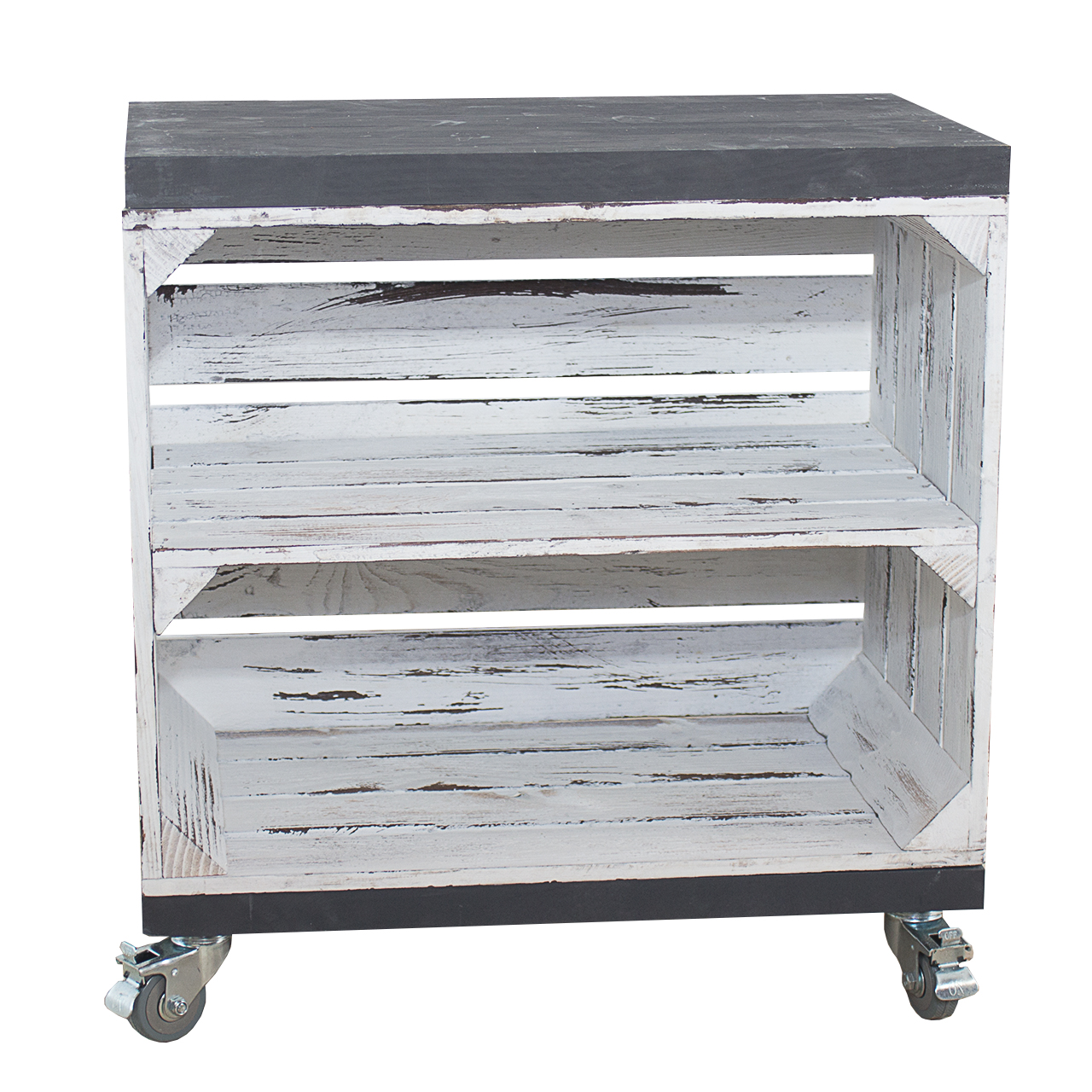 Regal aus einer Obstkiste in Vintage Optik mit einem Mittelbrett und zwei Bohlenbrettern in ShabbySchwarz, auf Rollen 53x50x30cm