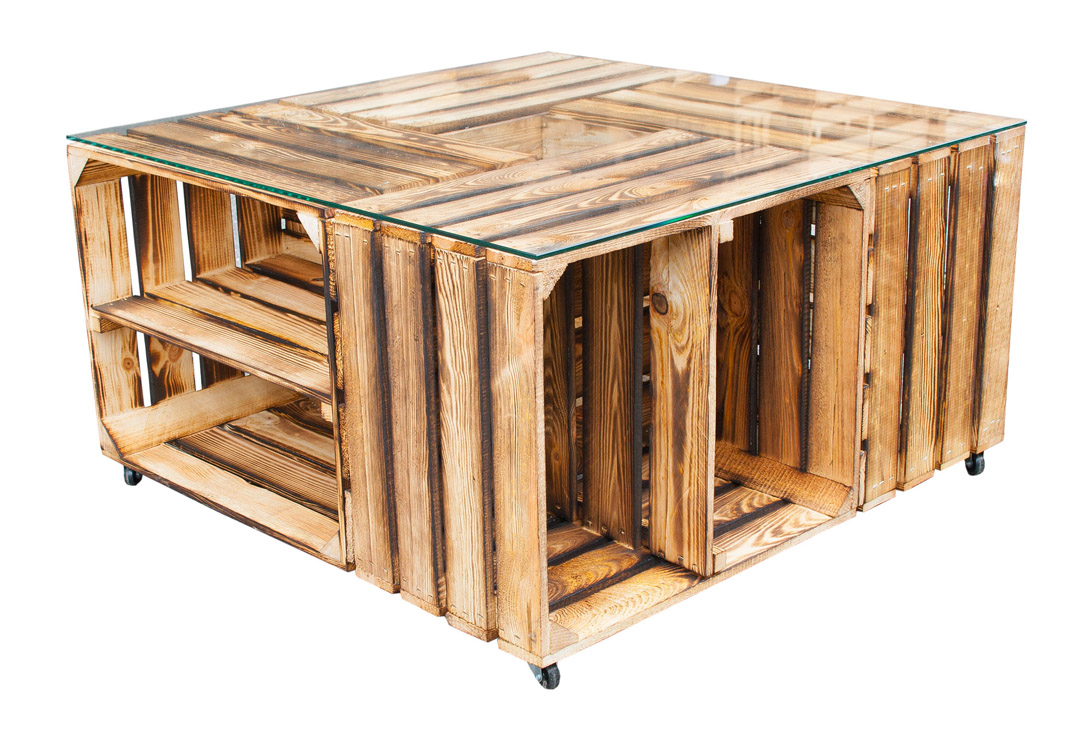 Tisch aus geflammten Schuhkisten - ohne Glas - 81x81x44cm Tisch aus geflammten Schuhkisten - ohne Glas - 81x81x44cm