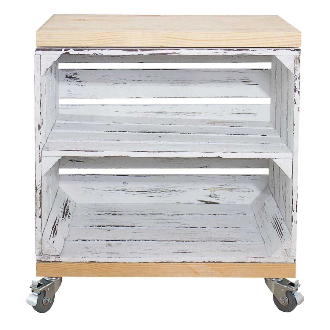 Regal aus einer Obstkiste in Vintage Optik mit einem Mittelbrett und zwei Bohlenbrettern im Naturton, auf Rollen 53x50x30cm