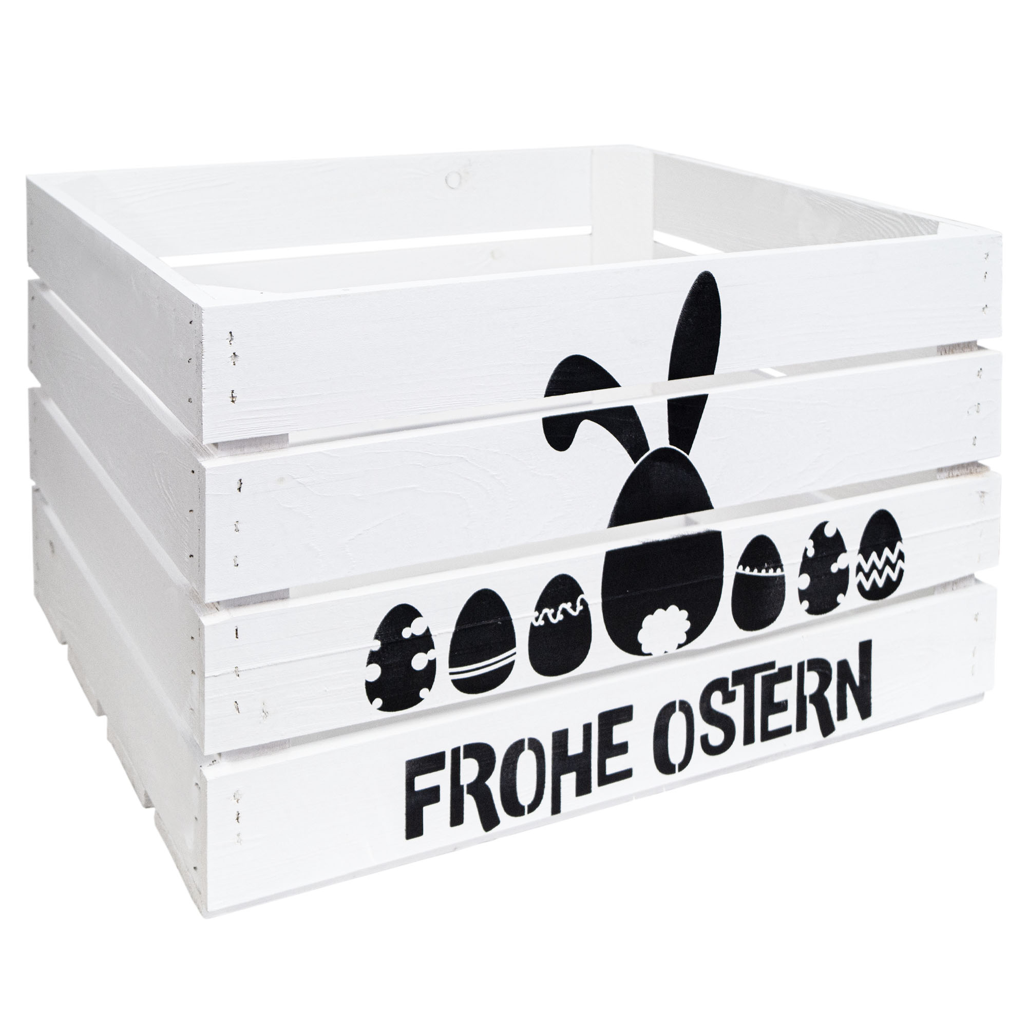 Holzkiste Johanna mit Ostermotiv Frohe Ostern (Hase und Eier) 50 x 40 x 30 cm – Osterdeko Weiss Osterkiste (Hase und Eier)
