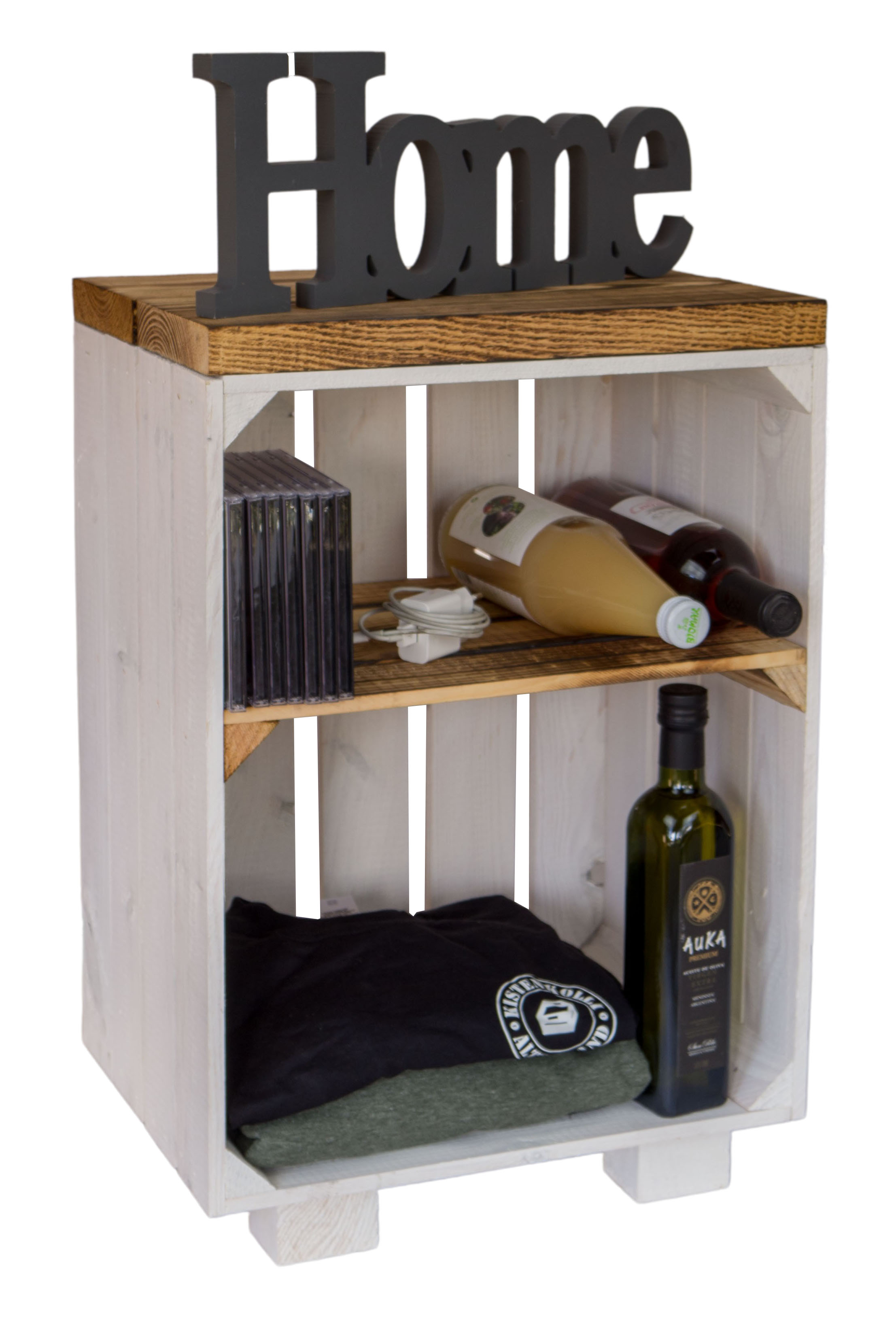 Nachttisch weiss mit geflammten Holzplanken mit Mittelbrett geflammt